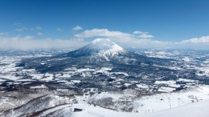 Looking down to Hirafu Village and back up to Mt. Yotei